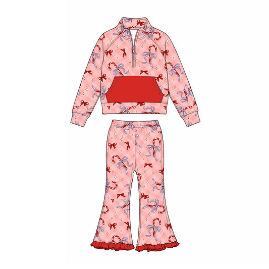 Preorder (moq 5) Baby Girls Candy Cane Bows Zip Pocket Pullovers Bell Bottom Pant Christmas Clothes Sets