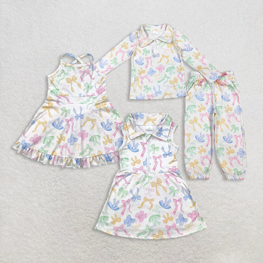 Sibling Baby Girls Colorful Bows Yoga Active Skort Knee Length Dress Sets