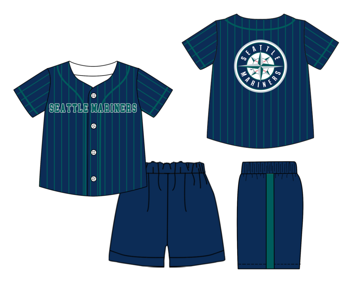 Preorder (moq 5)Baby Boys Green Stripe Seattle Mariners Button Top Shorts Team Clothes Sets
