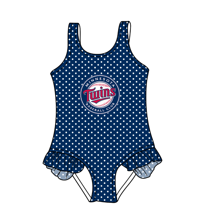 Preorder moq 5 Baby Girls Sleeveless Navy Polka Dots Twins Team Swimsuits