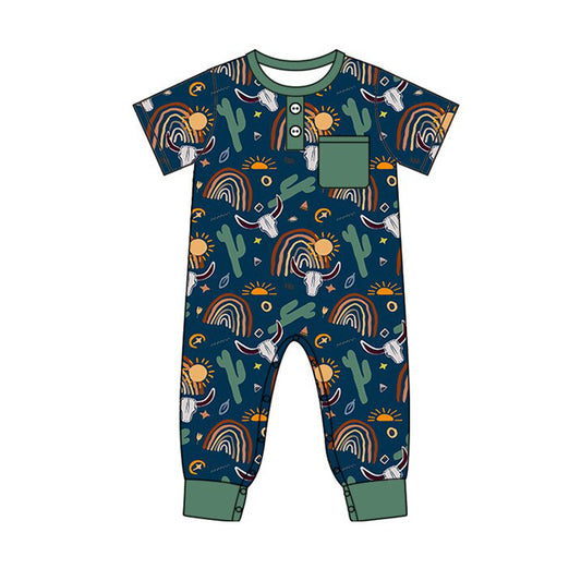 Preorder (moq 8)Baby Boys Button Pocket Cactus Bull Skulls Western Footie Rompers