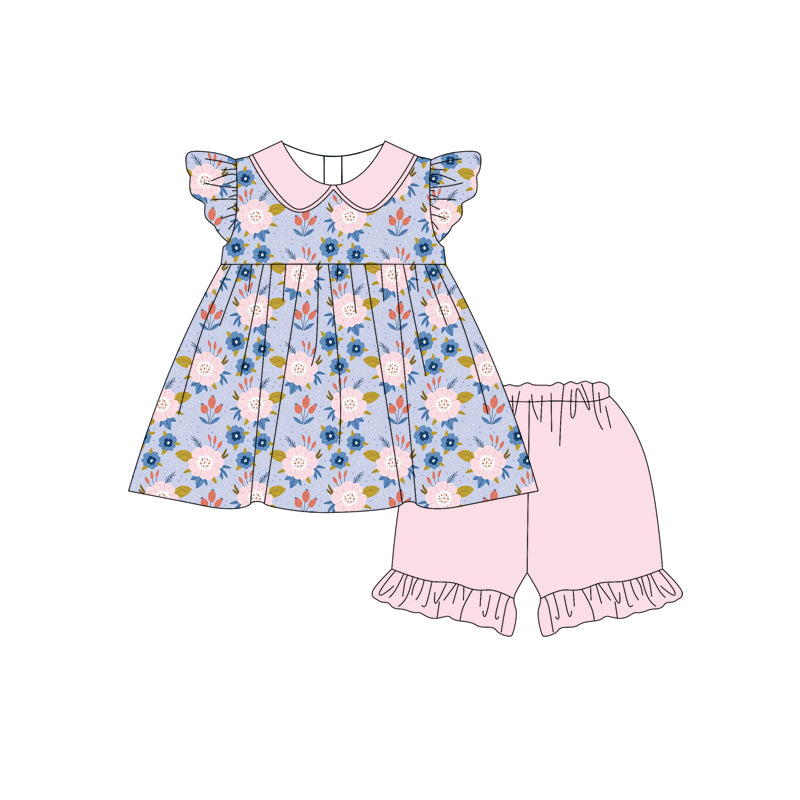 Preorder (moq 5)Baby Girls Pink Blue Flowers Tunic Ruffle Shorts Clothes Sets