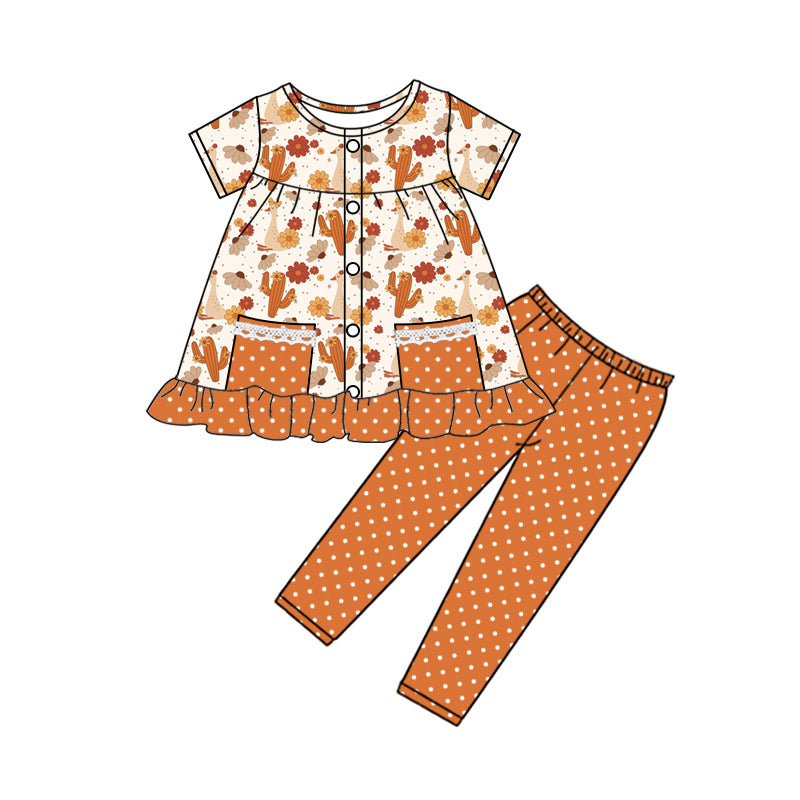 Preorder moq 5 Baby Girls Orange Short Sleeves Cactus Pockets Button Tunic Legging Pant Set