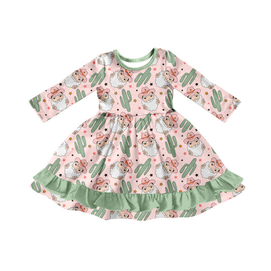 Preorder (moq 5)Baby Girls Long Sleeves Santa Cactus Plaid Ruffle Knee Length Dresses