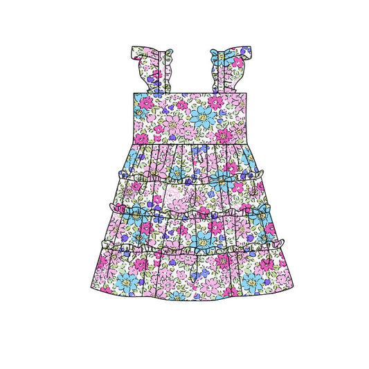 Preorder(moq 5) Baby Girls Colorful Floral Patchwork Knee Length Dresses