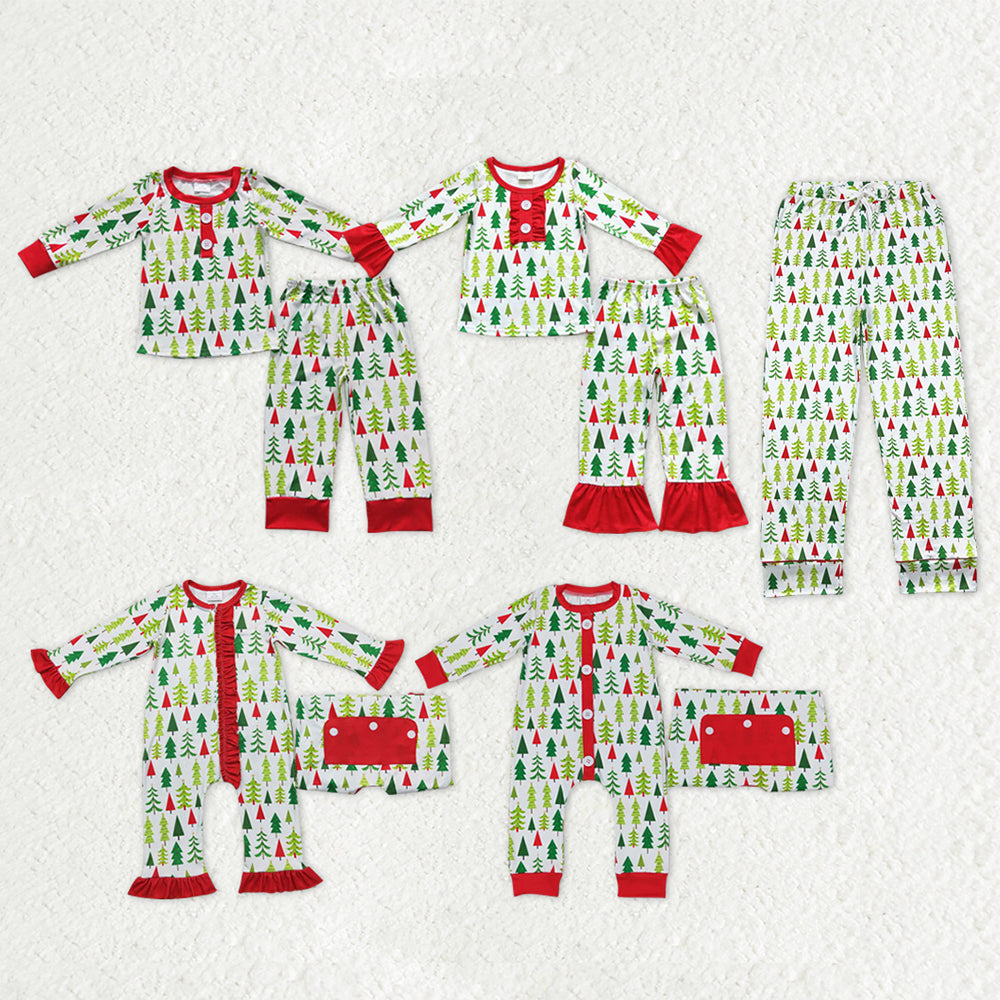 Family Sibling Green Red Trees Button Top Pants Christmas Pajamas Sets Zipper Footie Rompers Women Pants