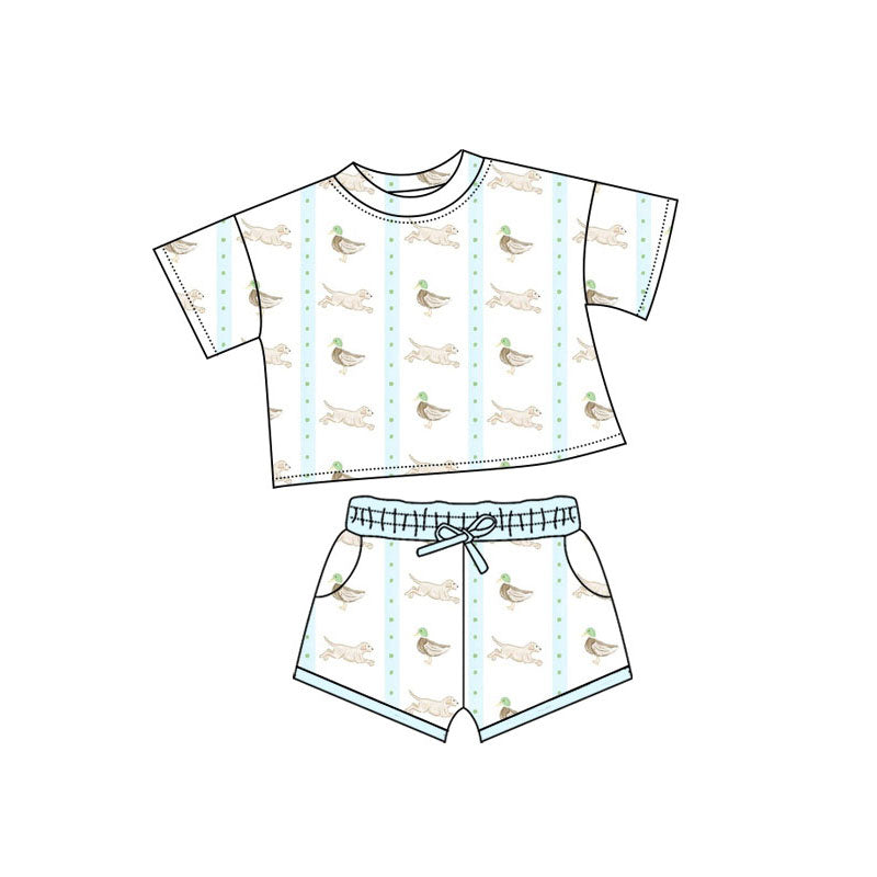 Preorder(moq 5) Baby Boys Ducks Dogs Stripe Top Pockets Shorts Hunting Clothes Sets