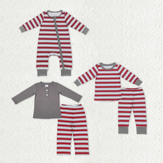 Sibling Baby Boys Girls Red Stripe Top Pants Christmas Pajamas Clothes Sets Zipper Footie Rompers