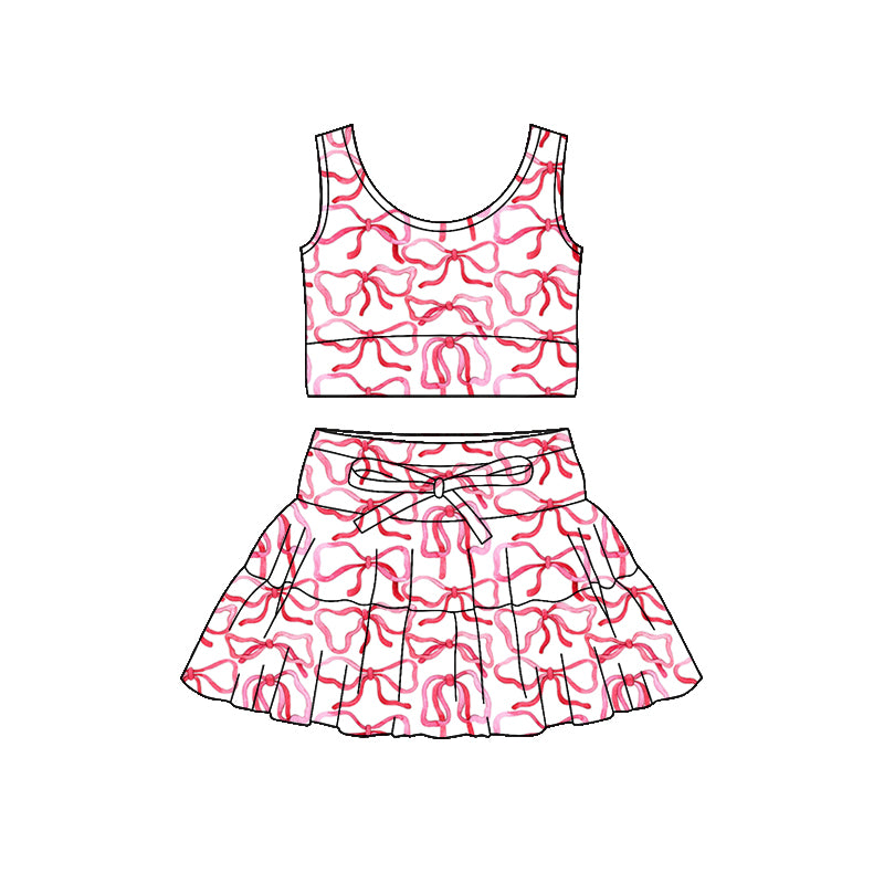 Preorder (moq 5)Baby Girls Sleeveless Red Bows Checked Vest Top Skirt Shorts Clothes Sets