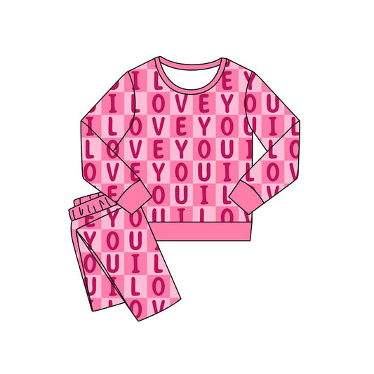 Preorder(moq 5) Baby Girls Pink I Love You Checked Pants Valentines Pajamas Sets