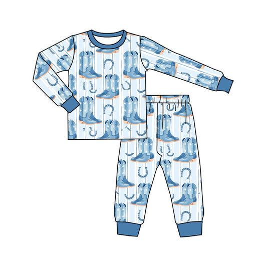 Preorder (moq 20)Baby Boys Bamboo Blue Stripe Stars Boots Western Pants Pajamas Sets
