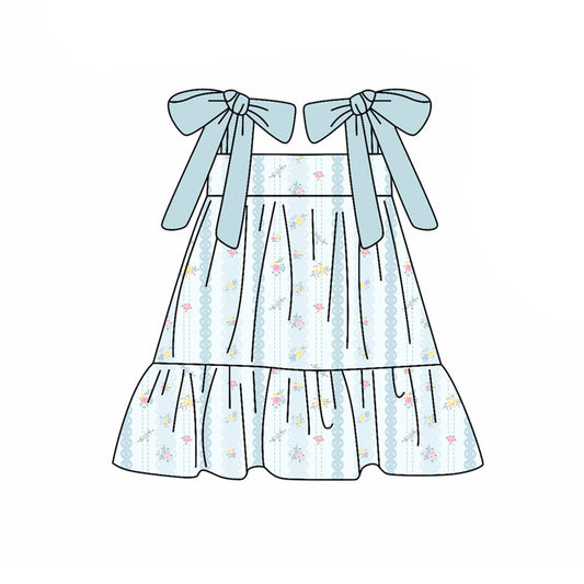 Preorder(moq 5) Baby Girls Aqua Strap Flowers Stripe Ruffle Knee Length Dresses