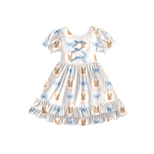 Preorder (moq 5)Baby Girls Blue Stripe Rabbits Bows Easter Ruffle Knee Length Dresses