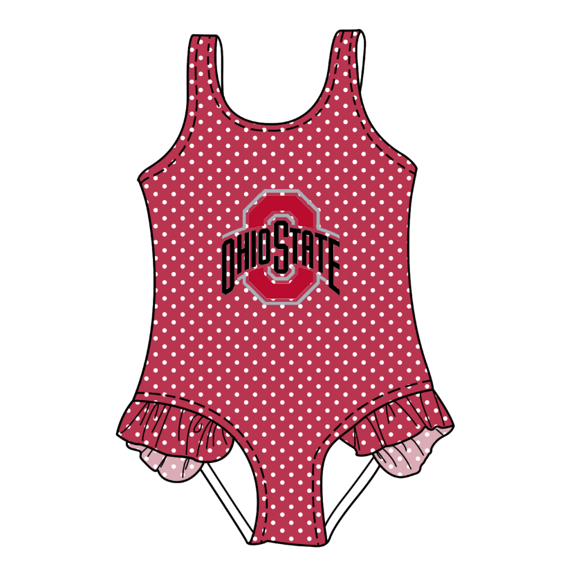 Preorder moq 5 Baby Girls Sleeveless Red Polka Dots Ohiostate Team Swimsuits