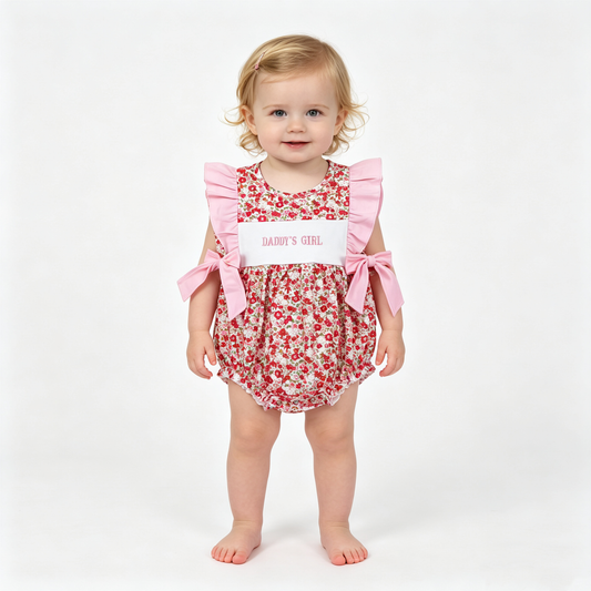 Embroidery Daddy's Girls Flutter Sleeve Flowers Bows Ruffle Rompers