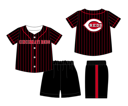 Preorder (moq 5)Baby Boys Stripe Cincinnati Reds Button Top Shorts Team Clothes Sets