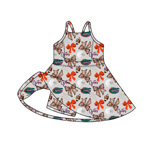 Preorder (moq 5)Baby Girls Strap Bows Footballs Crocodiles Team Shorts Knee Length Dresses