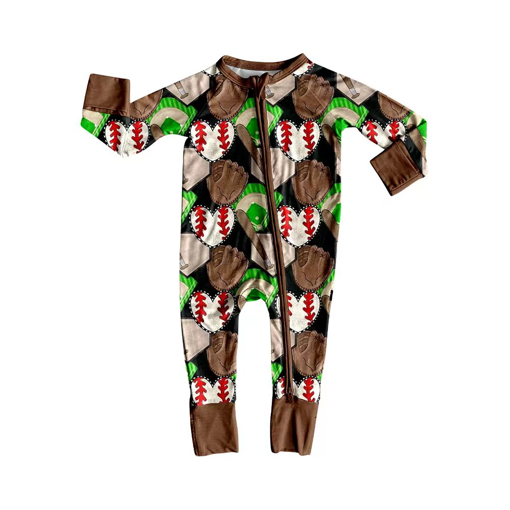 Preorder (moq 20)Baby Boys Bamboo Hearts Baseballs Team Zippy Footie Rompers