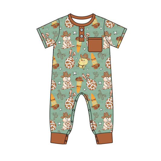 Preorder (moq 8)Baby Boys Button Pocket Carrots Rabbits Easter Footie Rompers