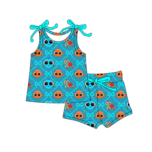Preorder (moq 5)Baby Girls Cartoon Fishes Bows Checked Top Shorts Clothes Sets