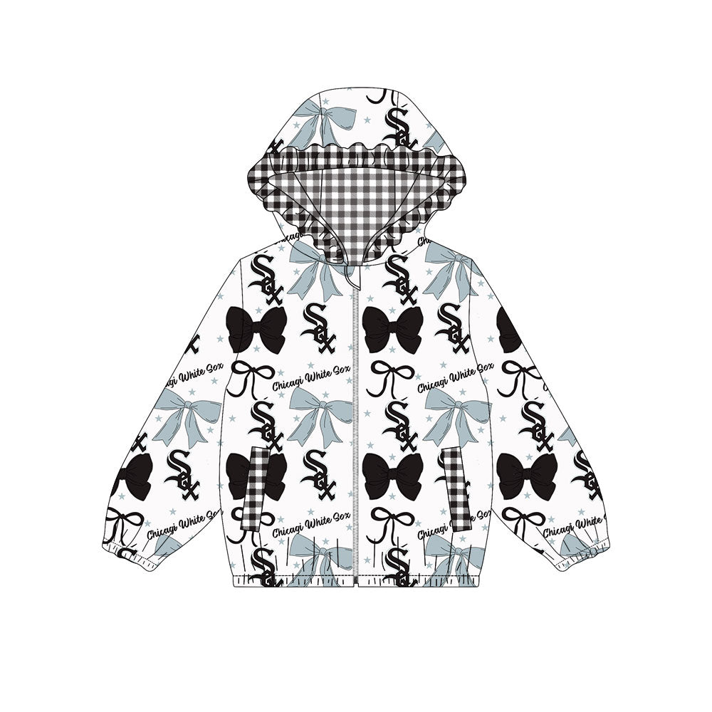 Preorder(moq 8)Baby Girls Grey Black Bows SOX Pockets Zipper Team Ruffle Hoodies Jackets