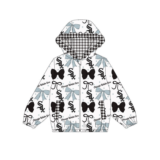 Preorder(moq 8)Baby Girls Grey Black Bows SOX Pockets Zipper Team Ruffle Hoodies Jackets