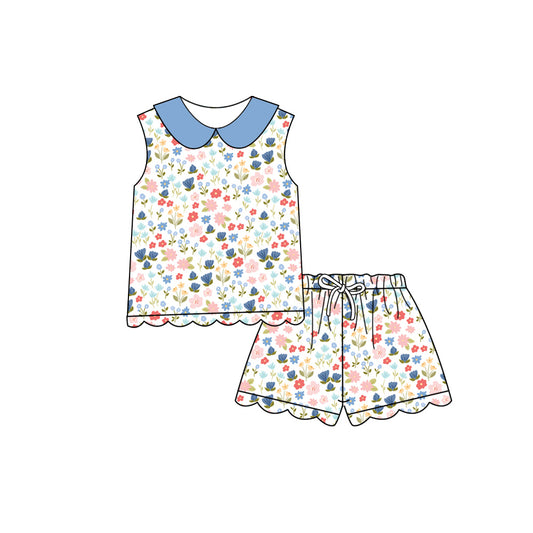 Preorder (moq 5)Baby Girls Colorful Flowers Collar Top Scallop Shorts Clothes Sets