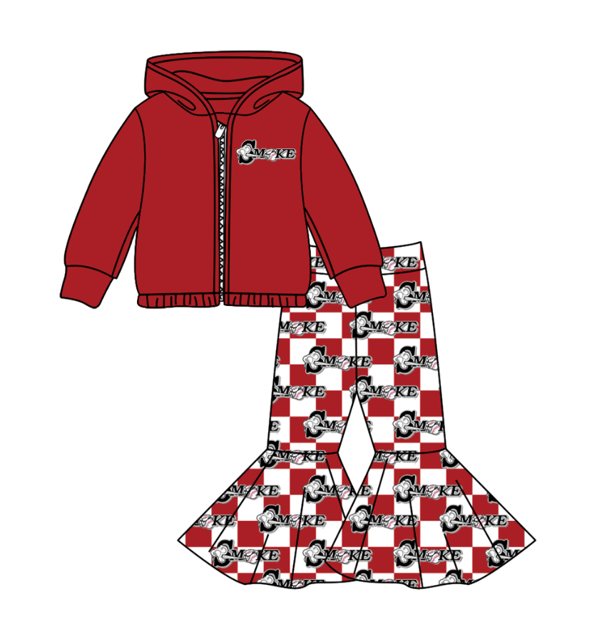 Preorder(moq 5) Baby Girls Red Smoke Zipper Hoodie Jacket Bell Bottom Pants Team Clothes Sets