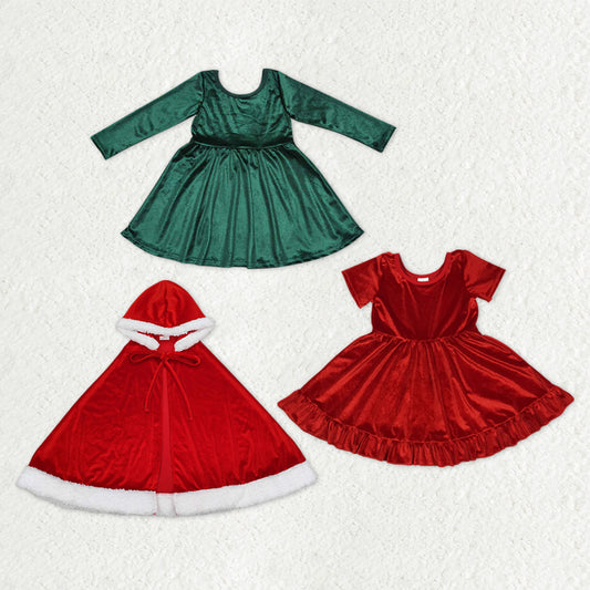 Sibling Baby Girls Christmas Ruffle Velvet Knee Length Dresses