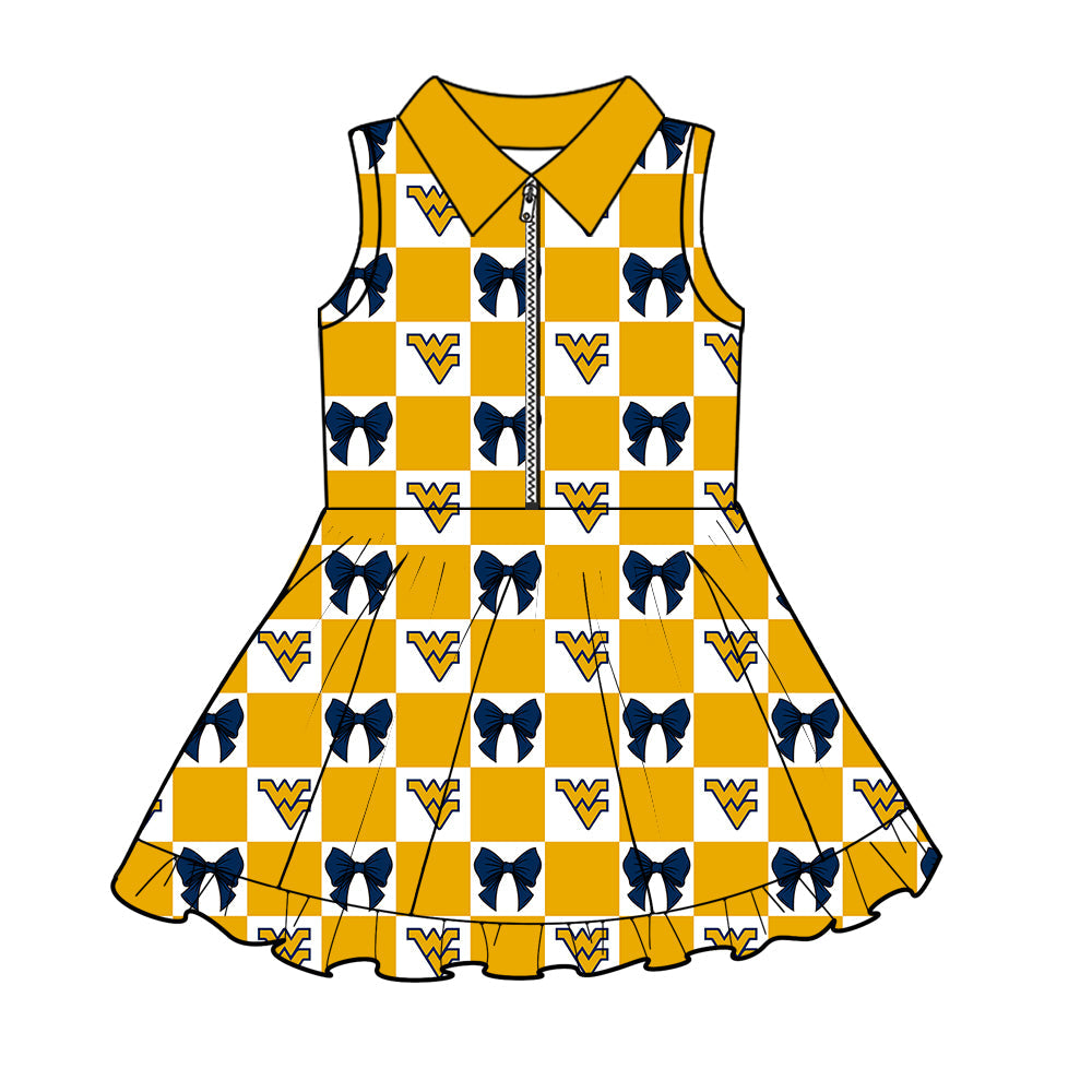 Preorder (moq 5)Baby Girls Yellow WV Bows Checked Zipper Short Team Knee Length Dresses