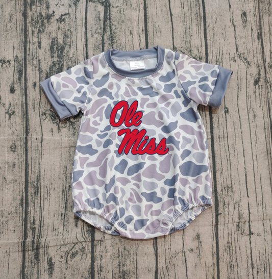 Preorder (moq 5)Baby Boys Grey Camo Ole Miss Team Rompers
