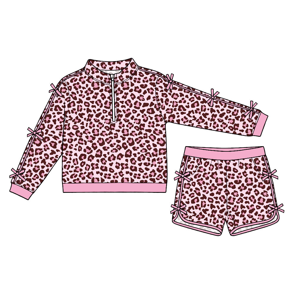 Preorder (moq5) Baby Girls Pink Leopard Bows Zip Pullover Short Clothes Set