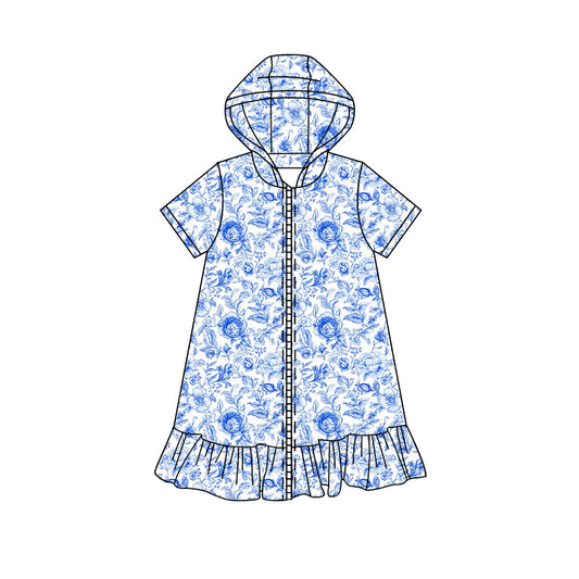 Preorder moq 5 Baby Girls Short Sleeve Blue Flowers Fall Zip Ruffle Knee Length Dresses