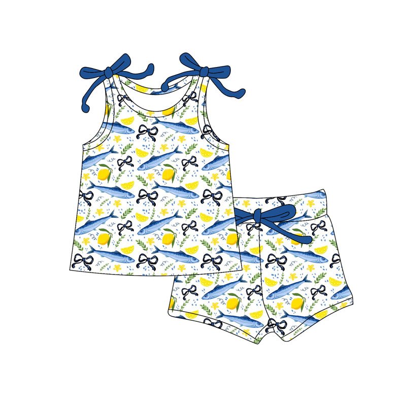Preorder (moq 5)Baby Girls Fishes Bows Lemons Top Shorts Clothes Sets