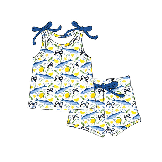 Preorder (moq 5)Baby Girls Fishes Bows Lemons Top Shorts Clothes Sets
