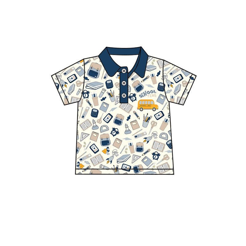 Preorder (moq 5)Baby Boys Short Sleeve Book Pencils Back to School Button Polo Shirts Top