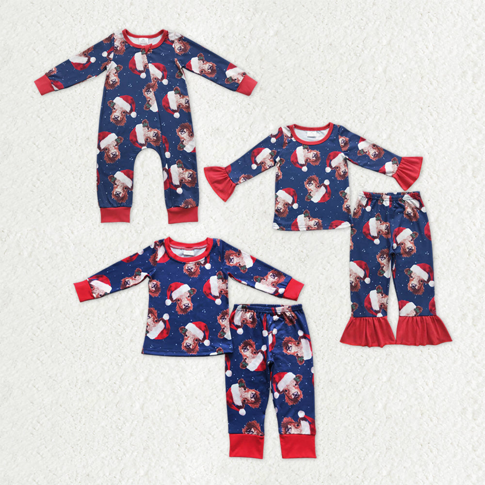 Sibling Baby Boys Girls Christmas Hats Cows Farm Pant Pajamas Sets Rompers