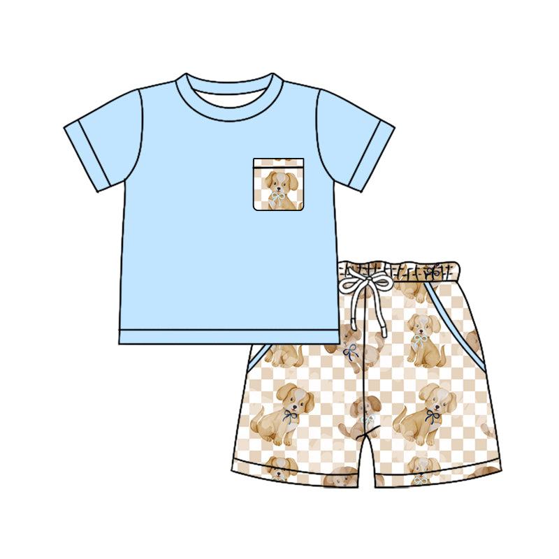 Preorder (moq 5)Baby Boys Light Blue Shirts Dogs Checked Pockets Shorts Clothes Set