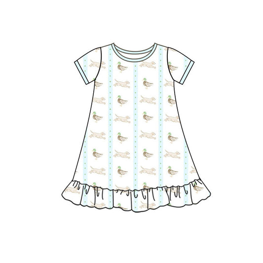 Preorder(moq 5) Baby Girls Ducks Dogs Stripe Hunting Ruffle Knee Length Dresses