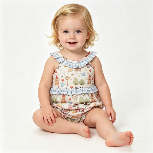 Baby Girls Sleeveless Pigs Cows Farm Ruffle Rompers