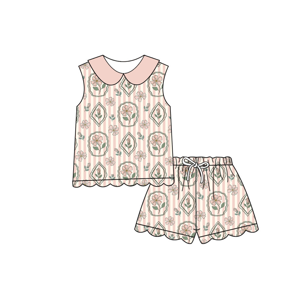 Preorder (moq 5)Baby Girls Pink Stripe Flowers Collar Top Scallop Shorts Clothes Sets