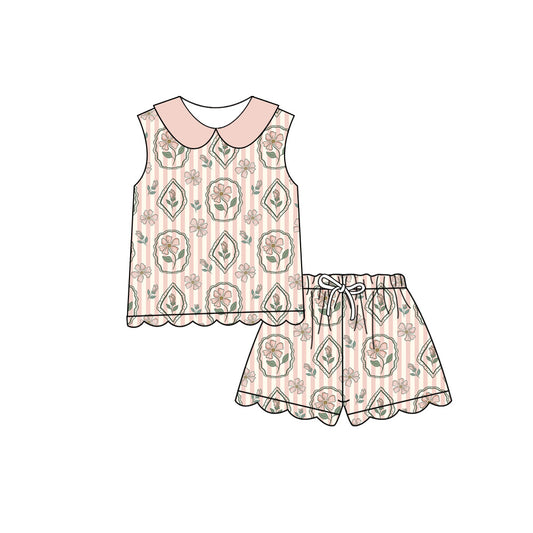 Preorder (moq 5)Baby Girls Pink Stripe Flowers Collar Top Scallop Shorts Clothes Sets