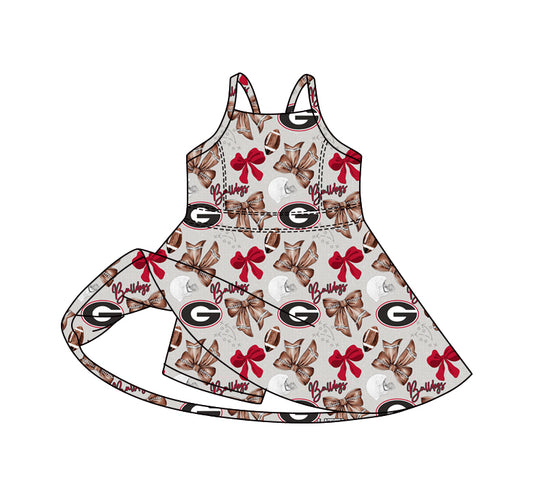 Preorder (moq 5)Baby Girls Strap Bows Footballs G Team Shorts Knee Length Dresses