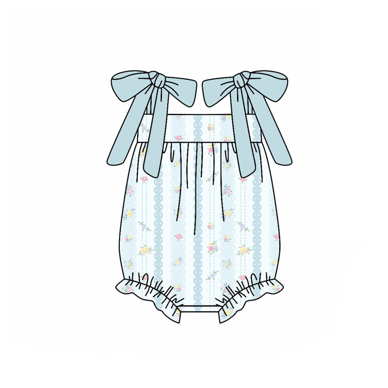 Preorder (moq 5)Baby Girls Aqua Strap Flowers Stripe Ruffle Rompers