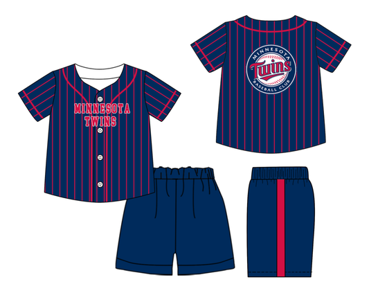 Preorder (moq 5)Baby Boys Red Stripe Minnesota Twins Button Top Shorts Team Clothes Sets