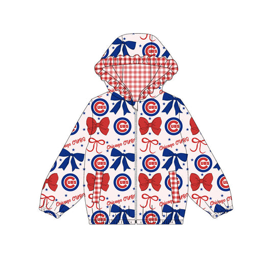 Preorder(moq 8)Baby Girls Red Blue Bows Chicago Cubs Pockets Zipper Team Ruffle Hoodies Jackets
