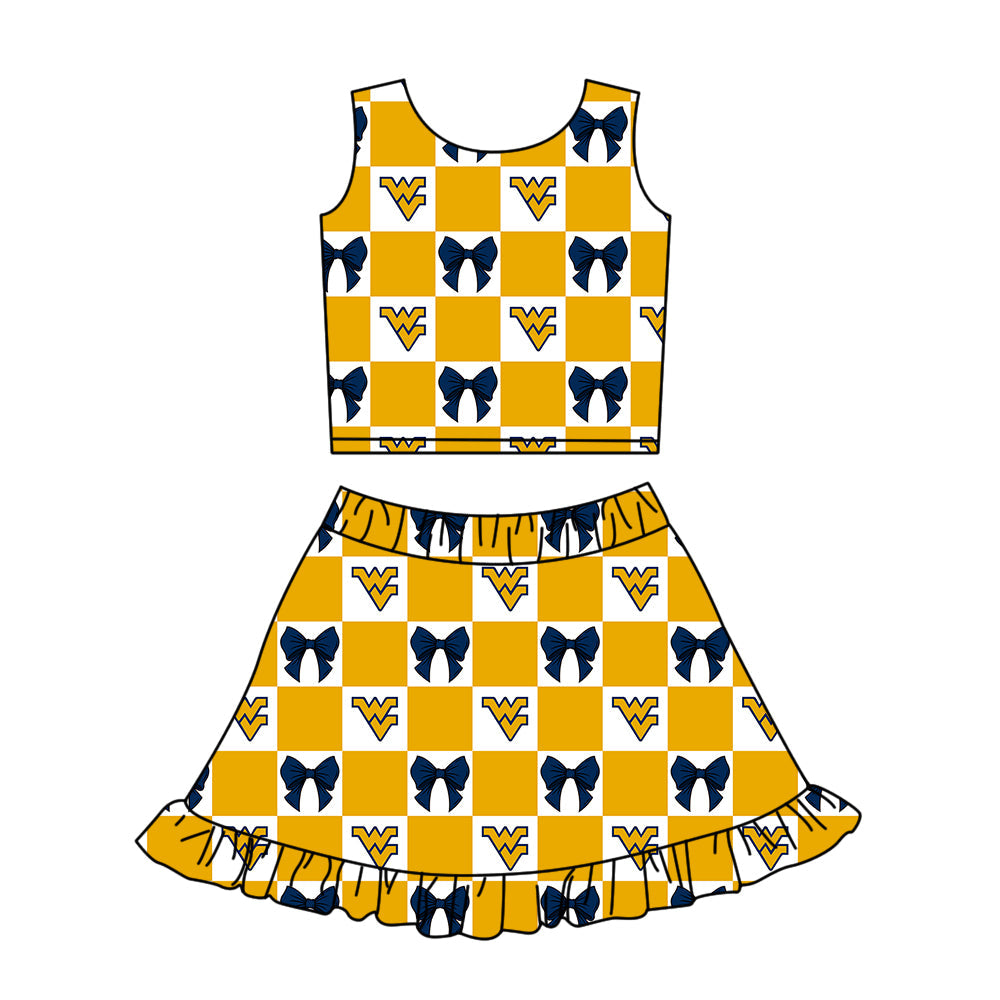 Preorder (moq 5)Baby Girls Yellow WV Bows Checked Vest Ruffle Skirt Short Team Clothes Sets
