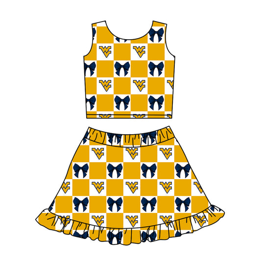 Preorder (moq 5)Baby Girls Yellow WV Bows Checked Vest Ruffle Skirt Short Team Clothes Sets