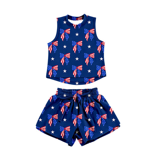 Preorder moq 5 Baby Girls Sleeveless Flag Bows Stars Top Short 4th of July Clothes Sets