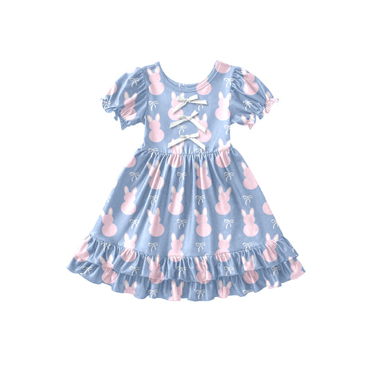 Preorder (moq 5)Baby Girls Rabbits Bows Easter Ruffle Knee Length Dresses